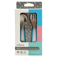 VIIDA Souffle 抗菌不鏽鋼叉匙組, 304L抗菌不鏽鋼食品級矽膠, 寶貝藍, 湯匙36g+叉子34g, 1組