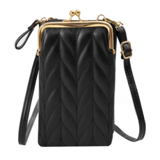 Sunday Life 簡約純色多功能斜背口金包皮夾 手機包, PU皮, 可放6.5吋以下智慧型手機, 黑色, 1個