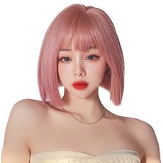 하이유니 스트레이트 펌 헤어 단발 통가발 가발 28cm + 가발망 + 거치대 세트, 통가발(체리블로썸핑크), 랜덤발송(가발망, 거치대), 1세트 - 핑크가발