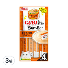 INABA CIAO 啾嚕 旨定系列 肉泥,白身鮪魚 + 吻仔魚口味,含綠茶消臭配方, 日本原裝進口, 嗜口性高, 白身鮪魚+吻仔魚口味, 56g, 3袋