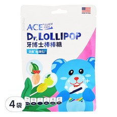 ACE SUPER KIDS 牙博士棒棒糖 Set 8支, 美國牙科博士研發, 含50%膳食纖維, 添加維生素C, 無糖低熱量, 西瓜+青蘋果, 60g, 4袋
