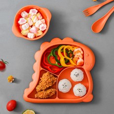 귀여운 아기 공룡 유아 식기 세트, 오렌지, 식판 + 숟가락 + 포크 + 국그릇