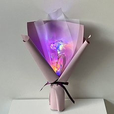 미다운플라워 조화 홀로그램 장미 미니꽃다발 LED 한송이, 인디퍼플