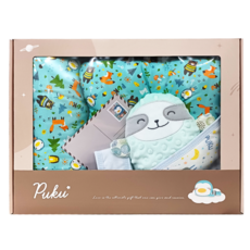 PUKU 藍色企鵝 雲朵抱抱晚安禮盒 Set, 棉柔印花包巾, 安撫玩偶, 雪朵枕32 x 22 x 4~9cm + 薄被100 x 75cm + 包巾75 x 75cm + 玩偶21 x 15cm, 綠森林
