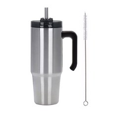 파스텔 스텐 보온 보냉 빨대 텀블러 + 빨대 청소솔, 900ml, 실버