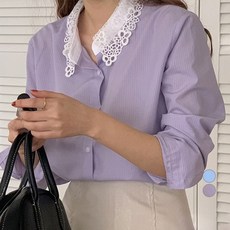 BNX 레이스 카라 잔스트라이프 블라우스