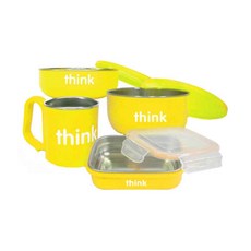 thinkbaby 環保不鏽鋼兒童餐具組 - 完整餵食套裝，包括便當盒、麥片碗、嬰兒碗和杯子, 檸檬黃, 1組, 杯子, 碗, 便當盒, 湯匙