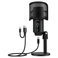 Fifine K683B USB 心型指向電容式麥克風, 一鍵靜音, 麥克風收音音量旋鈕, 黑色