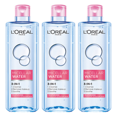 L'OREAL PARiS 巴黎萊雅 3合1卸妝潔顏水, 深層清潔, 法國高山泉水, 玫瑰精萃, 溫和不刺激, 敏感肌適用, 400ml, 3瓶