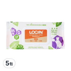 LOGIN 洛格 3合1除臭抑菌護理濕巾 貓用, 50張, 100%可生物降解, 無香精, 5包
