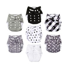 Nora's Nursery 成長型口袋式布尿布 Set 7件組, 尺寸可調整, 竹碳纖維吸濕除臭, 黑白幾何經典搭配, 黑白幾何, 1組