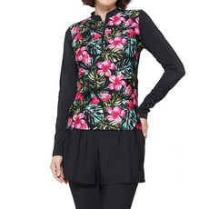 ilikai 女款衝浪印花半拉鍊長袖上衣+兩件式防曬緊身褲套組 紅色熱帶款
