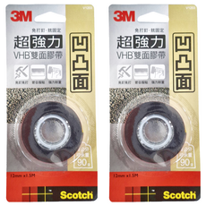 3M Scotch 超強力VHB雙面膠帶 凹凸表面專用 V1203，12mm x 1.5M，超強黏性，可承重90g, 2捲