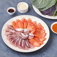 얌테이블 오늘 새벽 생산한 슬라이스 연어회 150g + 방어회 150g + 초고추장 + 연어용소스 + 간장소스 2입 + 생와사비 2입 + 쌈장 2입 + 쌈야채 2입 세트, 1세트