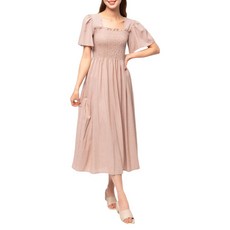 CARET 女款細格紋長款褶皺方領短袖洋裝, Free Size, 棕色