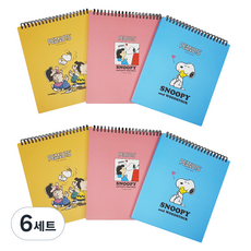 피너츠 스누피 상철 그리드 노트 3종, BLUE, PINK, YELLOW, 6세트
