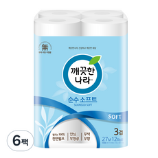 깨끗한나라 순수 소프트 천연펄프 3겹 고급롤화장지, 27m, 12개입, 6개