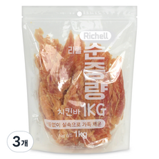  리첼 순중량 강아지간식 1kg, 치킨바, 3개 