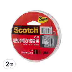 3M Scotch 超強悍VHB雙面泡棉膠帶, 耐高溫 防水 抗UV 三倍黏力 18mmx2yd, 18mm, 2個