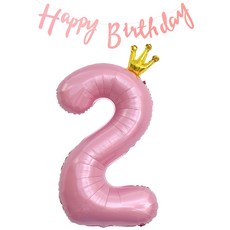 조이파티 왕관 숫자 풍선 대 2 + 생일 가랜드 캘리그래피 세트, 핑크, 1세트