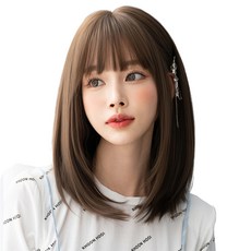 하이유니 스트레이트 펌 중단발 헤어 통가발 40cm + 가발망 + 거치대 세트, 쿨브라운, 1세트 - 연습용통가발