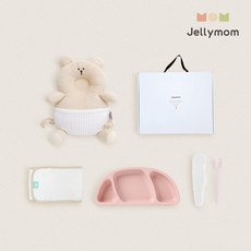 젤리맘 신생아 출산선물 아기머리보호대 + 실리콘 아기식판 + 이유식스푼 + 오가닉 스트랩 세트, 곰돌이 오트밀(보호대), 핑크(식판), 베이비핑크(스푼), 1세트