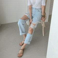라라온 여성용 연청 디스트로이드 일자 데님 팬츠
