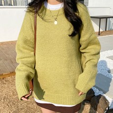 아모르데이 여성용 즈오샤 라운드 배색 루즈핏 베이직 데일리 니트