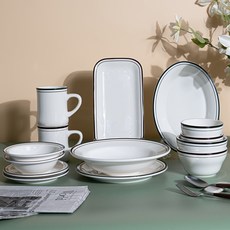 시라쿠스 뉴욕 2인 한식기 세트 14p, 콜라브라운, 칼딘그린, 공기 2p + 대접 2p + 찬기 15cm 2p + 접시 16cm 2p + 접시 23cm + 파스타볼 + 타원볼 + 직사각접시 + 오목머그 400ml x 2p, 1세트