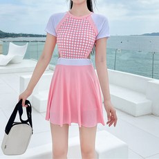 여성용 미드나잇코코 헤스티 체크 트임 원피스 수영복 B235WF02407, 핑크
