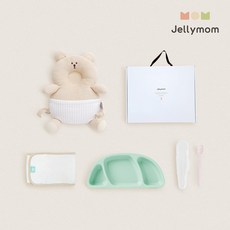 젤리맘 신생아 출산선물 아기머리보호대 + 실리콘 아기식판 + 이유식스푼 + 오가닉 스트랩 세트, 곰돌이 오트밀(보호대), 민트(식판), 베이비핑크(스푼), 1세트