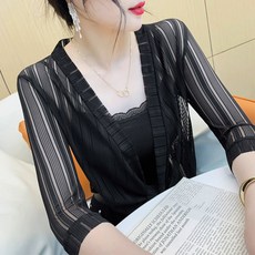 마더브띠 여성용 시스루 줄무늬 반팔 가디건