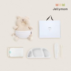 젤리맘 신생아 출산선물 아기머리보호대 + 실리콘 아기식판 + 이유식스푼 + 오가닉 스트랩 세트, 곰돌이 오트밀(보호대), 화이트(식판), 크림베이지(스푼), 1세트