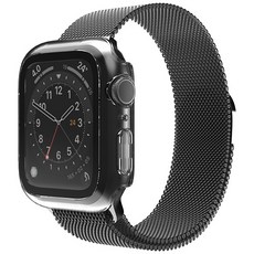 신지모루 애플워치 호환 마그네틱 메탈 밀레니즈 스트랩 + 9H 풀커버 일체형 케이스, 크리스탈 클리어(케이스), 블랙(스트랩)