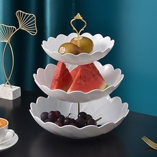 Dometopia 白花3層甜點托盤, 花瓣+金, 1個