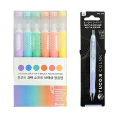 투코비 코마 소프트 브러쉬 형광펜 6종 + 닥터그립 편한 샤프 세트, 파스텔퍼플, 파스텔블루, 파스텔그린, 파스텔오렌지, 파스텔핑크, 파스텔옐로우(형광펜), 스카이(샤프), 1세트