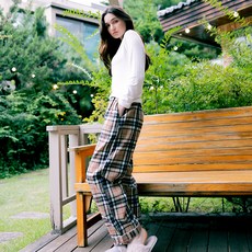테라우드 여성용 통기성 마일드 면 기모 체크 9부 파자마 바지 2p