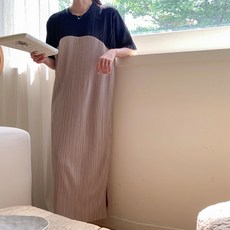 보리맘 토이 배색 플리츠 롱 원피스 a810