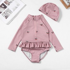 Starbean 女童款半拉鍊圖案長袖泳衣+帽子組