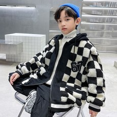 男孩西洋棋連帽抓絨加厚冬季毛衣