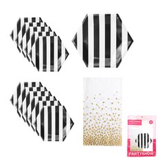 파티쇼 스트라이프 접시 블랙 20cm 12p + 황금 도트 테이블보 화이트 파티 테이블 세트, 1세트