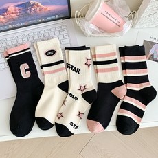 Wodemi 女款四季粉色黑色簡約線條時尚中筒襪 5種組 W821
