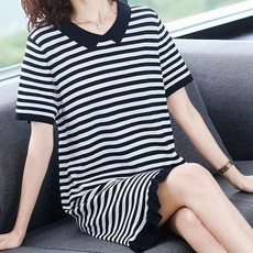 여성용 블랙101 유라이카 스트라이프 카라넥 미디움 원피스 CH-2316821