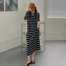묘먀미 기본 스트라이프 캐주얼 반팔 롱원피스 MMM422 빅사이즈 포함