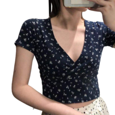 마더브띠 여성용 화사한 패턴 오픈넥 크롭 반팔 티셔츠