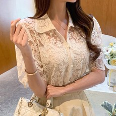 여성용 카라넥 시스루 여심 블라우스