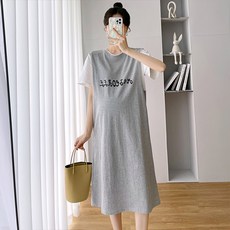 캐주얼 데일리 레터링 롱 반팔 임산부 원피스