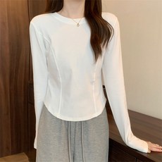 구디프 여성용 원모어 라운드 롱슬리브 세미크롭 긴팔 티셔츠