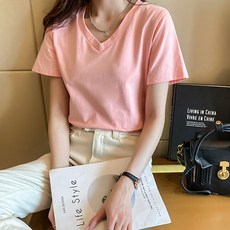 루나글램 여성용 브이넥 솔리드 컬러 반팔 티셔츠 cnn6