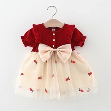 JOYMULTI 女童款鳳梨刺繡蝴蝶結短袖網紗連身裙